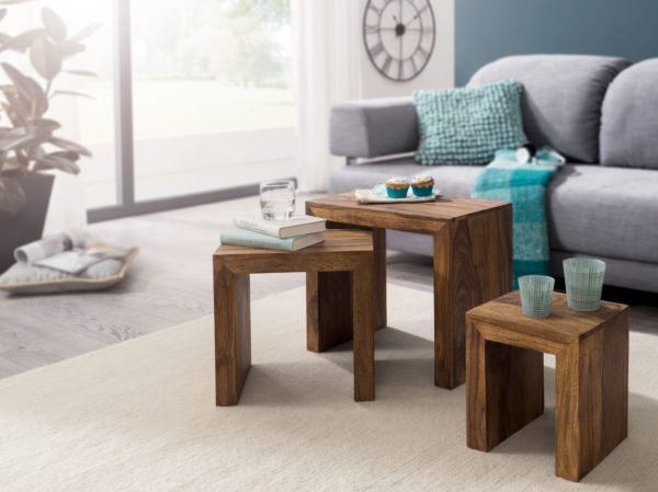 Set Of 3 Nesting Tables Solid-Wood Sheesham Living Room Table Country Style Side Table Dark-Brown Natural Wood 31308 Wohnling 3Er Set Satztisch Mumbai Massiv Ho 1
