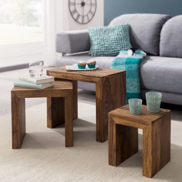 Set Of 3 Nesting Tables Solid-Wood Sheesham Living Room Table Country Style Side Table Dark-Brown Natural Wood 31308 Wohnling 3Er Set Satztisch Mumbai Massiv Holz