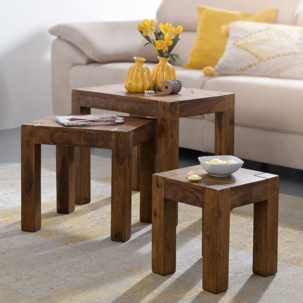 Set Of 3 Nesting Tables Mumbai Solid Wood Sheesham Living Room Table Country House Style Side Table Dark Brown Natural Wood 31317 Wohnling 3Er Set Satztisch Mumbai Massiv Holz