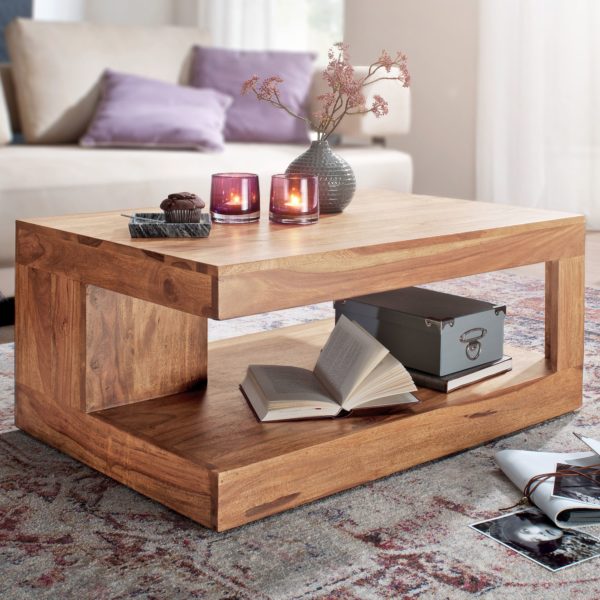 Coffee Table Solid Wood Acacia 90Cm Design Living-Table Nature-Product Cottage Style Side Table 38362 Wohnling Couchtisch Mumbai Akazie Massiv H 16