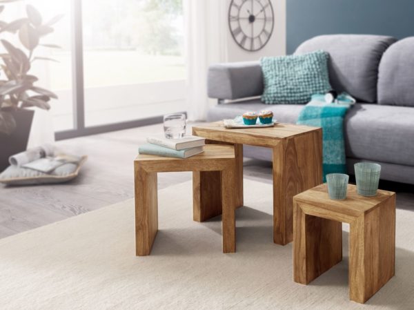 Set Of 3 Nesting Tables Solid-Wood Acacia Living Table Country Style Side Table Dark-Brown Natural Wood 38376 Wohnling 3Er Set Satztisch Mumbai Massiv Ho 1