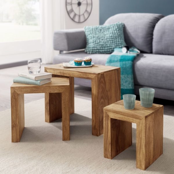 Set Of 3 Nesting Tables Solid-Wood Acacia Living Table Country Style Side Table Dark-Brown Natural Wood 38376 Wohnling 3Er Set Satztisch Mumbai Massiv Holz