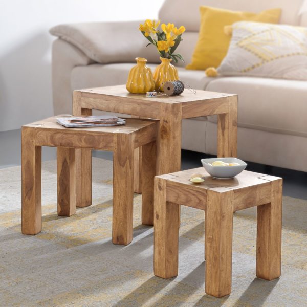 Set Of 3 Nesting Tables Solid-Wood Acacia Living Table Country Style Side Table Dark-Brown Natural Wood 38380 Wohnling 3Er Set Mumbai Satztisch Massiv Holz