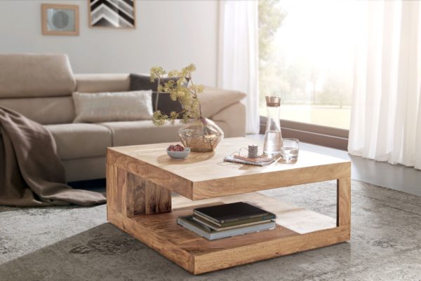 Coffee Table Solid Wood Acacia 90Cm Design Living Room Table Dark-Brown Country Style Table 38393 Wohnling Couchtisch Mumbai Massiv Holz Akaz 1