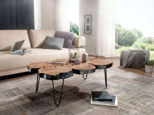 Coffee Table Solid Wood Acacia 115 Cm Wide Dining Room Table Design Metal Legs Country Style Table 38511 Wohnling Couchtisch Bagli Massiv Holz Akazi 1