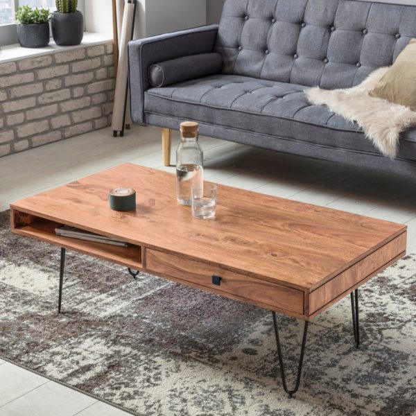 Coffee Table Bagli Solid Wood Acacia 117 Cm Wide Living Room Table Design Metal Legs Country Style Side Table 38516 Wohnling Couchtisch Bagli Massiv Holz Akazie