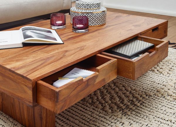 Coffee Table Solid Wood Sheesham Design Living Room Table 110 X 60 Cm With 6 Drawers Country Style Wooden Table 40290 Wohnling Couchtisch Mumbai Massivholz Shees 3
