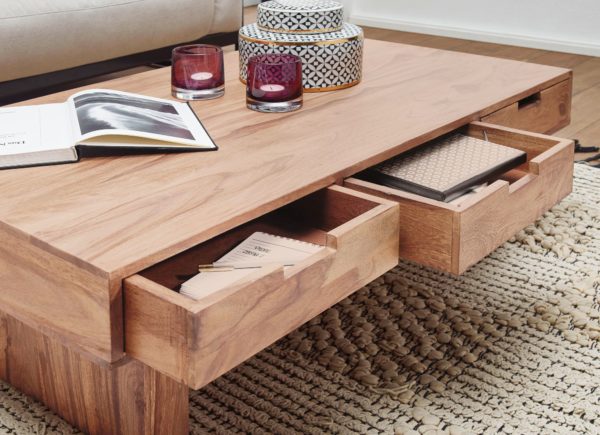 Coffee Table Solid Wood Acacia Design Living Room Table 110 X 60 Cm With 6 Drawers Country Style Wooden Table 40291 Wohnling Couchtisch Mumbai Massivholz Akazi 6