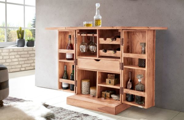 Bar Hardwood Acacia Wine Foldable Showcase Country-Style Bar Cabinet Storage Bottles Jars 40305 Wohnling Hausbar Sira Massivholz Akazie We 15