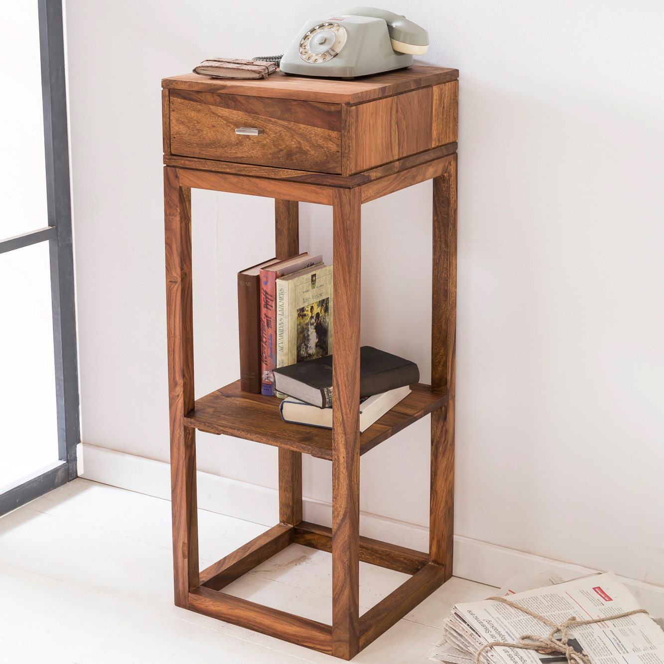 Table Solid Wood Sheesham Anstelltisch Telephone Table With Drawers 35 X 35 X 90 Cm ArtKomfort