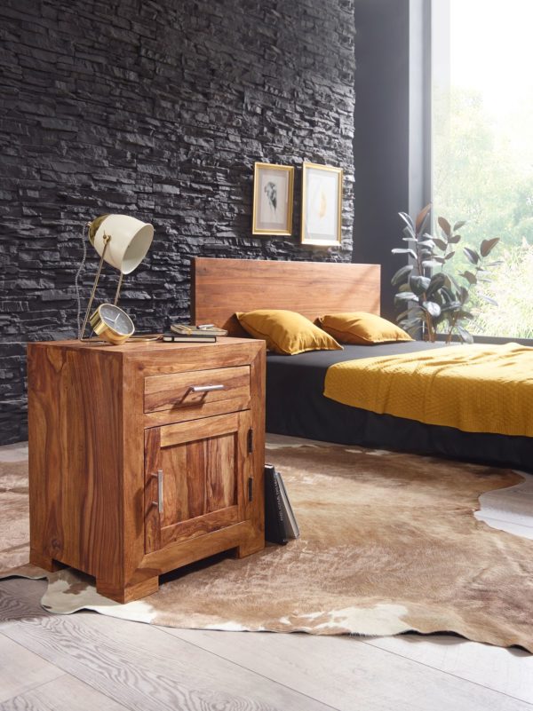 Nightstand Solid Wood Sheesham Design Nachtkommode 60 Cm With Drawer And Door Bedside Table For Boxspringbed 40333 Wohnling Nachttisch Mumbai Massivholz Shees 1