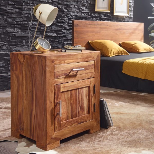 Nightstand Solid Wood Sheesham Design Nachtkommode 60 Cm With Drawer And Door Bedside Table For Boxspringbed 40333 Wohnling Nachttisch Mumbai Massivholz Sheesha