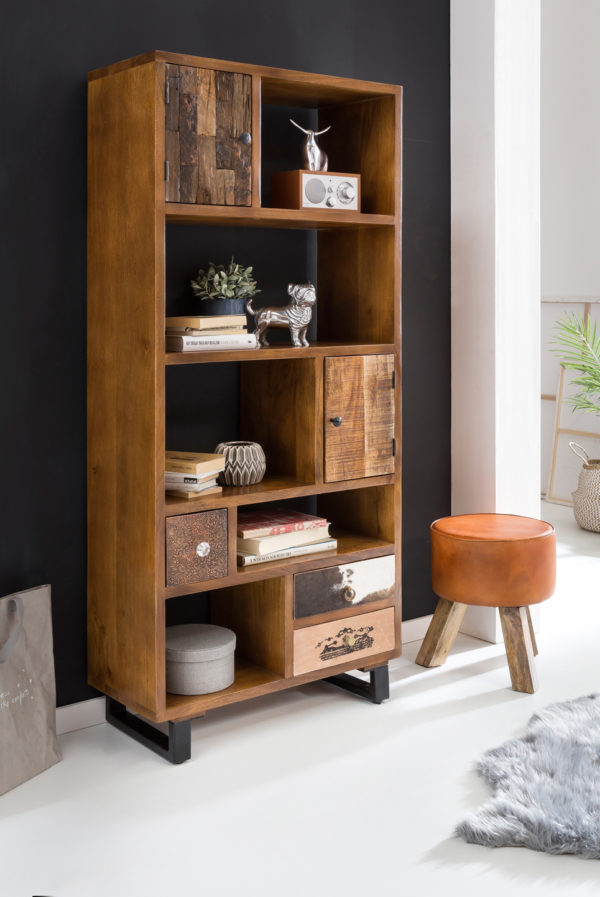 Bookcase Patna 180 X 80 X 35 Cm Solid Wood Mango Natural With Drawers Country-Style Standing Shelf Large 5 Compartments 43706 Wohnling Buecherregal Patna 180X80X35Cm Wl5 0
