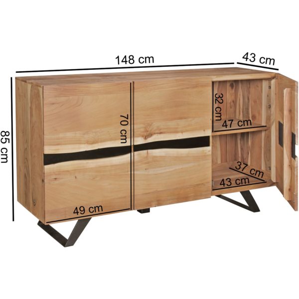 Sideboard Satara 148 X 85 X 43 Cm Massiv-Holz Akazie Natur Baumkante Anrichte 44744 Wohnling Satara Sideboard Akazie 150X43X85 Cm
