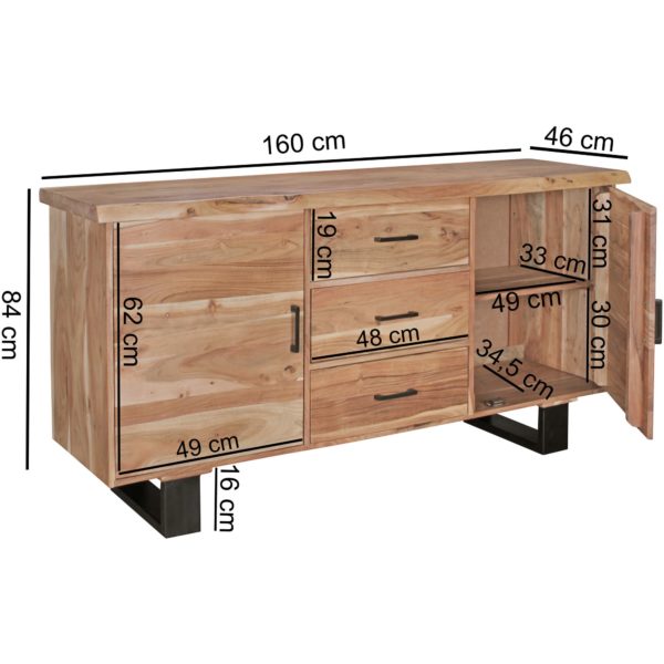 Sideboard Gaya 160 X 84 X 46 Cm Massiv-Holz Akazie Natur Baumkante Anrichte 44748 Wohnling Sideboard Akazie 160X45X80 Cm 1