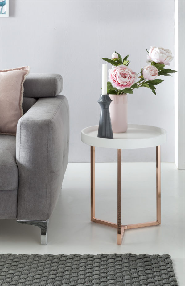Design Side Table White / Copper Ø 40 Cm Tablett Wood Metal 44899 Wohnling Design Beistelltisch Weiss Kupfe 4