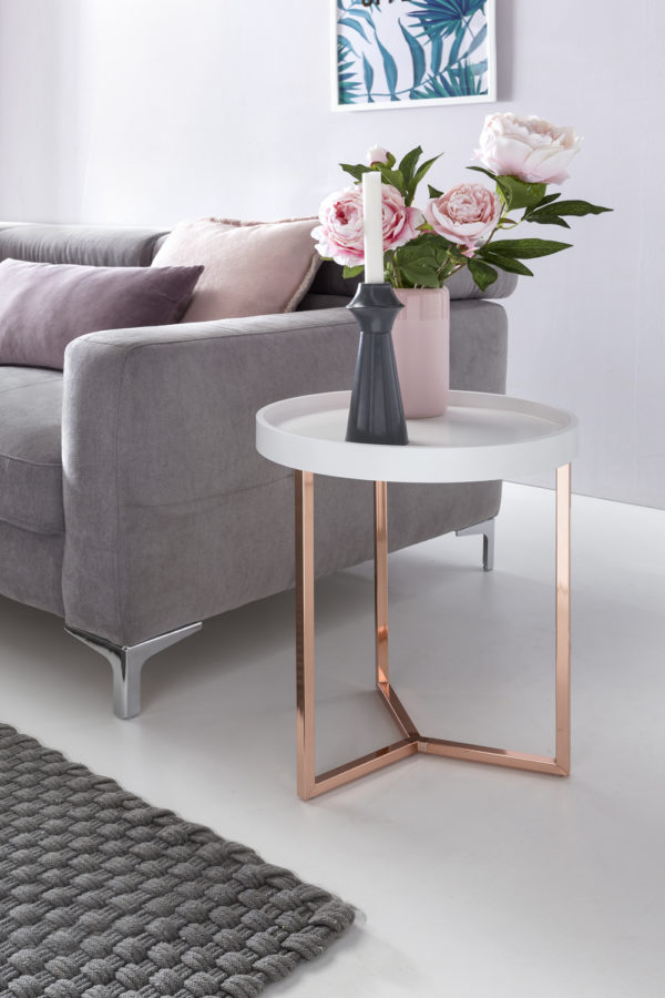 Design Side Table White / Copper Ø 40 Cm Tablett Wood Metal 44899 Wohnling Design Beistelltisch Weiss Kupfe 6