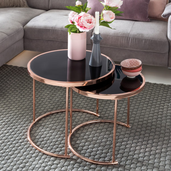 Design Set Of 2 Ø 42 Cm / 45 Cm Metal Glass Black / Copper Side Table Mirrored Living Room Table Modern 44902 Wohnling Design 2Er Set Satztisch 42 Cm