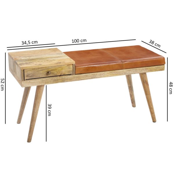 Bench Salim Goat Leather / Solid Wood Bench 100X52X38 Cm In Retro Style 46006 Wohnling Sitzbank Mit 1 Schublade Und Ziege 4