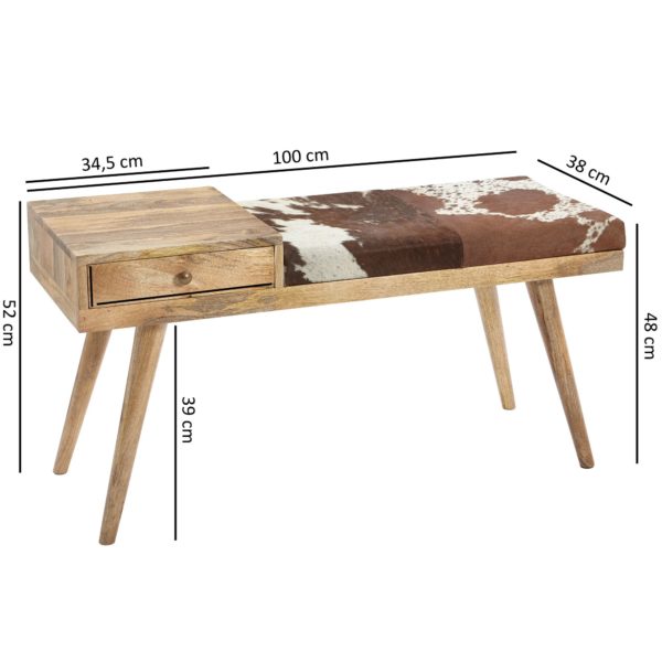 Salim Cowhide / Solid Wood Bench 100X52X38 Cm In Retro Style 46007 Wohnling Sitzbank Mit 1 Schublade Und Kuhfe 4