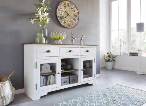 Sideboard Mayla With 2 Doors 140 X 85 X 45 Cm White / Brown Wood Glass Chest Of Drawers 46085 Wohnling Sideboard Mayla Mit 2 Glastueren 1 4