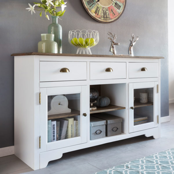 Sideboard Mayla With 2 Doors 140 X 85 X 45 Cm White / Brown Wood Glass Chest Of Drawers 46085 Wohnling Sideboard Mayla Mit 2 Glastueren 1 6