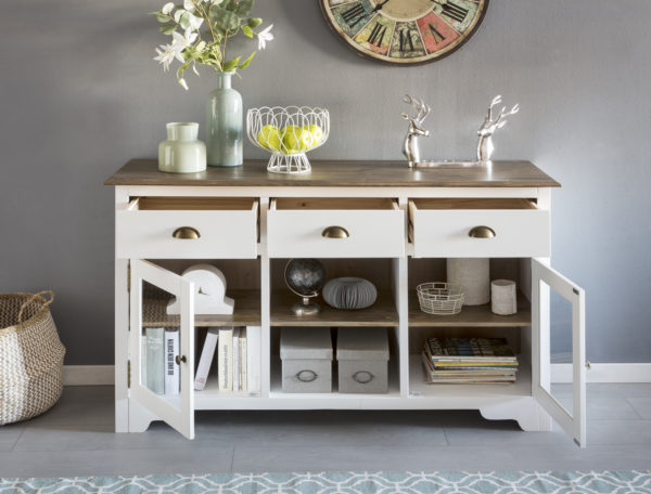 Sideboard Mayla With 2 Doors 140 X 85 X 45 Cm White / Brown Wood Glass Chest Of Drawers 46085 Wohnling Sideboard Mayla Mit 2 Glastueren 1 7