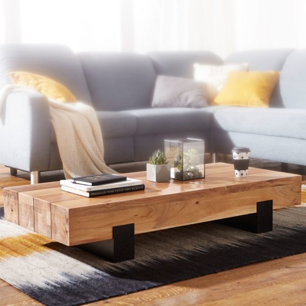 Coffee Table Soron 130X25X59Cm Acacia Solid Wood / Metal Sofa Table 47288 Wohnling Couchtisch 130X60X25 Cm Akazie Wl 1