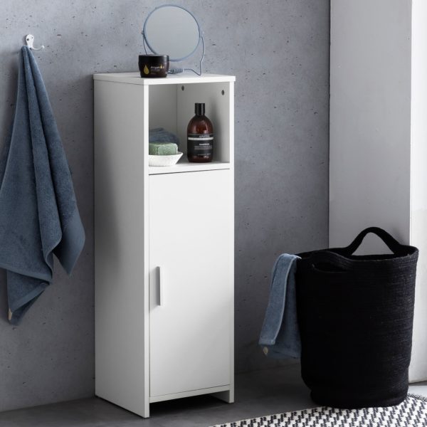 Bathroom Cabinet 30 X 95,5 X 30 Cm White Wood With Door And Tray Fold 47558 Wohnling Badschrank Bubble 30X30X95 Cm Weis 1