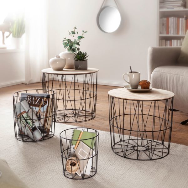 Design Side Table Set Of 4 Baskets Black / Oak 52617 Wohnling Beistelltisch Mit Koerben 4Er Set Schwarz Wl6 075 Wl6 075